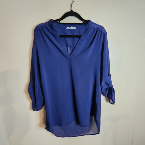 Wishful Park Y2K Boho Embroidered Navy Blue High Low Hem Blouse - Picture 1 of 9